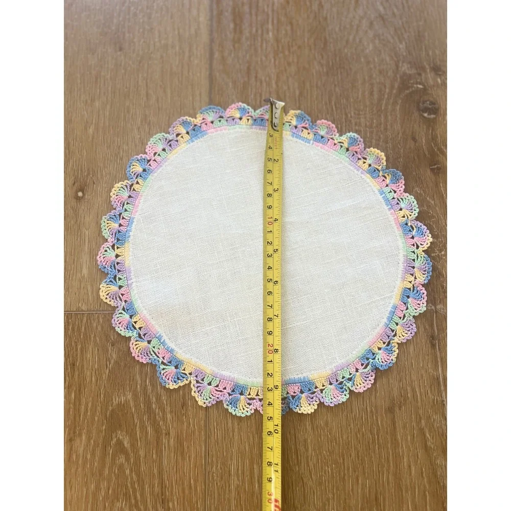 Vintage Linen Doilies Set of 3 Pastel Rainbow Crochet Lace Trim Scalloped Edge